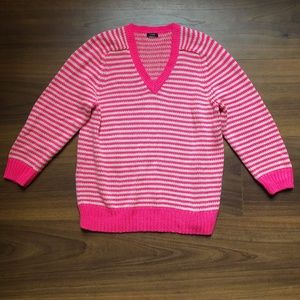 J Crew Neon Pink White Striped Sweater  V-neck